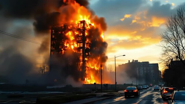 Large building fire at dusk with intense flames and smoke