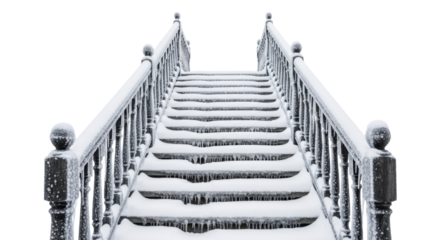  Snowy wooden staircase with railing and icicles on a transparent background PNG image PNG file isolated