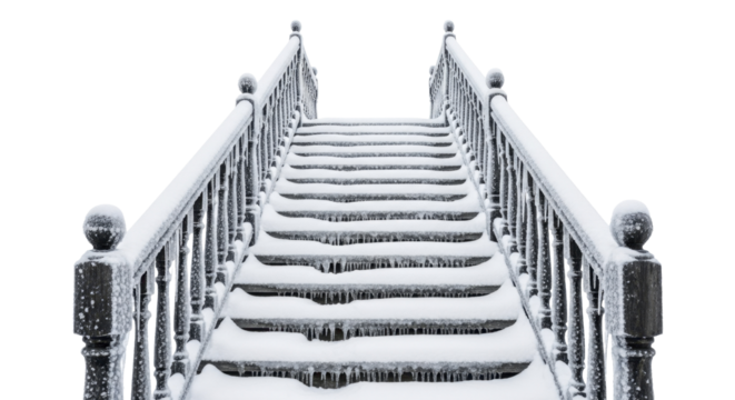  Snowy wooden staircase with railing and icicles on a transparent background PNG image PNG file isolated