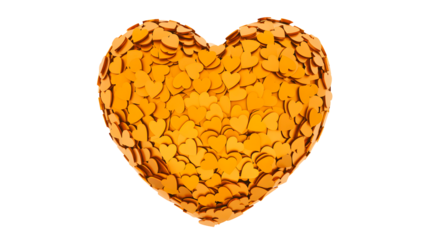 A textured golden heart shape formed from numerous small overlapping elements isolated on transparent background