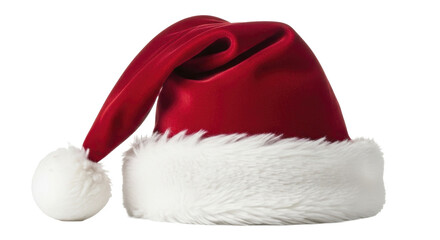 Classic Red Velvet Santa Hat with Fluffy White Trim and Pom Pom on a Transparent Background PNG Image