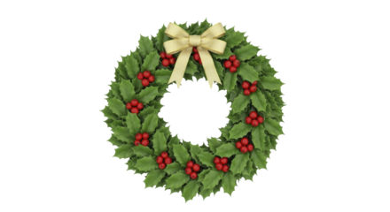 Christmas holly wreath with red berries and golden bow on a transparent background, PNG image, PNG file.