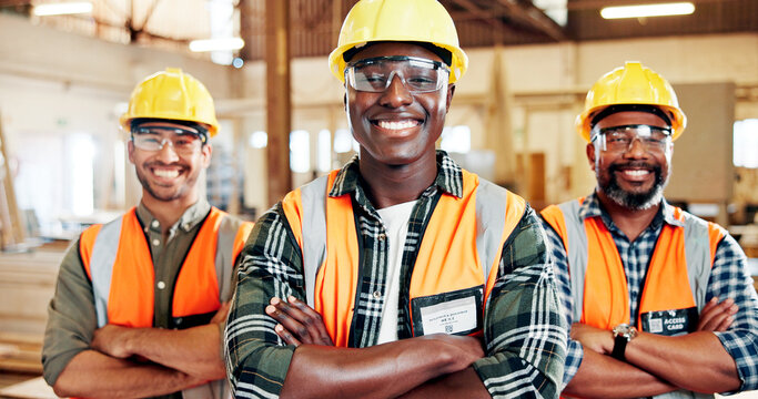 Carpenter, portrait and men with arms crossed, warehouse and confident for craftsmanship or woodwork. Happy, artisan and team with smile for production, manufacturing and career growth in workshop