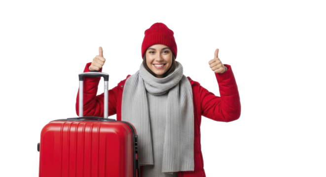 Happy woman in winter outfit with red luggage giving thumbs up on a transparent background PNG image