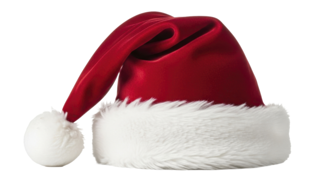 Classic Red Velvet Santa Hat with Fluffy White Trim and Pom Pom on a Transparent Background PNG Image