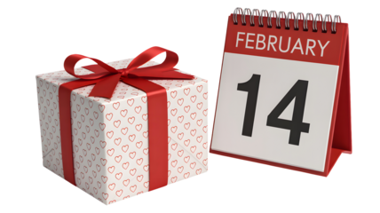 A festive gift box with a red ribbon next to a desk calendar showing february fourteenth isolated on transparent background