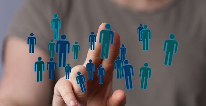 Concept of digital networking and people interaction. Hand touching icons representing social connections and b - Powered by Adobe