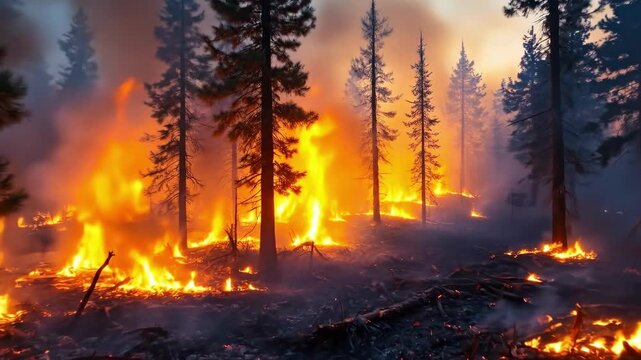 Intense forest fire raging through dense pine woods at dusk