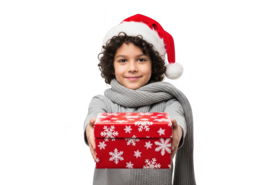 Young boy in santa hat holding a christmas gift, isolated on transparent background