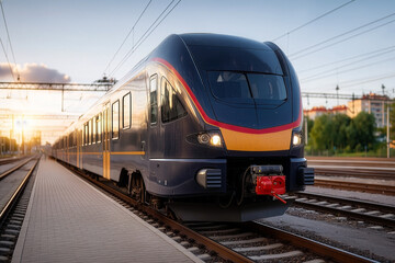 Naklejka premium Modern high speed electric passenger train waiting at station platform during beautiful golden sunset evening light