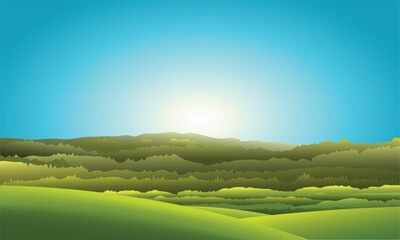 Sunny Morning Over Green Hills and Forest Landscape Illustration