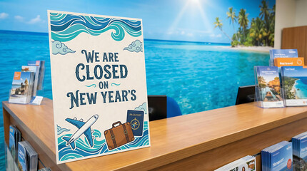 Closed sign on travel agency counter for New Years, closed sign, new years, travel agency, vacation, holiday, office, reception, counter, airplane, suitcase, passport, ocean, beach, tropical, palm tre