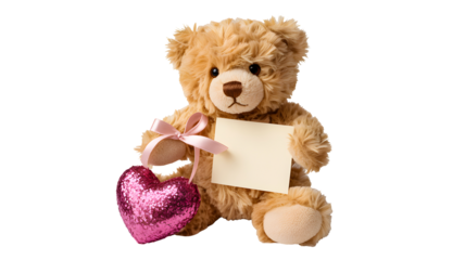 Cute fluffy teddy bear holding a shiny pink heart and a blank note for a message isolated on transparent background