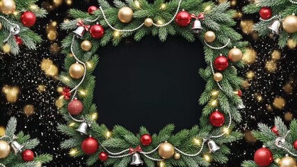 Sparkling Christmas wreath with ornaments and lights rotating gently creates festive holiday cheer for your video projects and marketing this season - Powered by Adobe