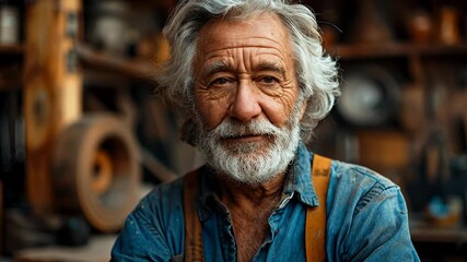 Old craftsman in workshop with tools. A skilled craftsman with gray hair and a beard poses in his rustic workshop filled with various tools and wood.