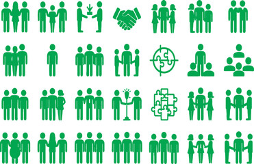 Large collection of green silhouette people and team icons on transparent background