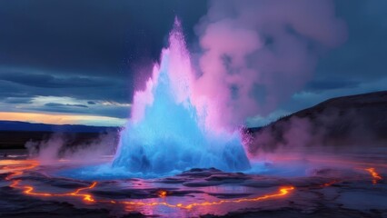 Erupting geyser at twilight, vibrant blue and pink hues