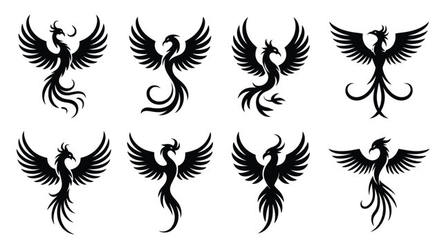 Collection of phoenix bird illustrations black silhouette vector designs mythical creature symbol isolated on white background