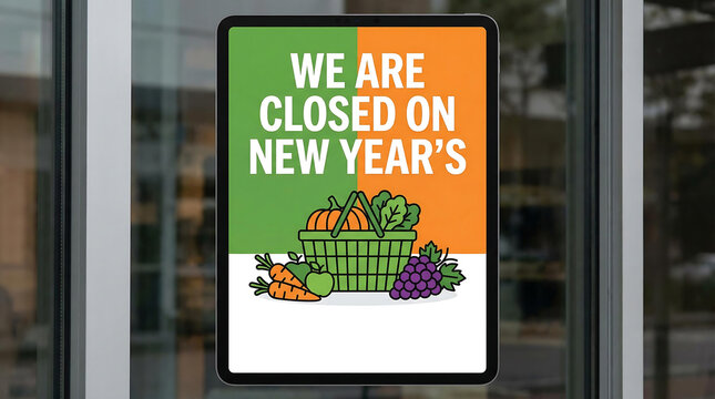Store closed on New Years sign with produce shop, closed, new years, sign, store, shop, retail, holiday, announcement, notice, information, vegetables, fruits, produce, basket, shopping, grocery, pump