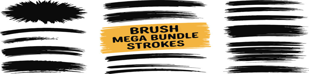 Mega bundle of black brush strokes and paint smears on transparent background