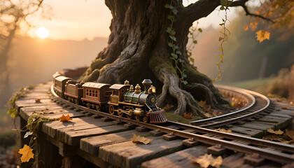 Vintage toy train traveling through a whimsical forest landscape on a wooden track near a towering tree in golden sunlight creating a nostalgic atmosphere