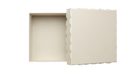 Open beige gift box PNG isolated on transparent background, square container with lid for presents and storage, blank template