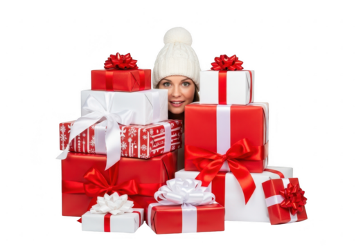 Woman peeking from behind stack of christmas gifts isolated on transparent background