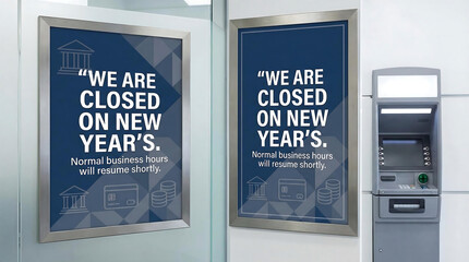 Bank closed on New Years Day sign next to A T M announcement, bank, closed, new years day, sign, announcement, atm, cash machine, financial institution, holiday, closure, business hours, notice, infor