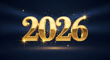 Golden 2026 new year celebration with sparkling lights on a dark blue background