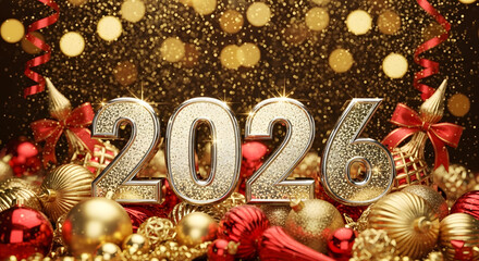 Festive 2026 new year celebration with golden decorations and red accents for a joyful holiday