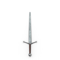 Medieval steel broadsword with long double-edged blade on clean transparent background