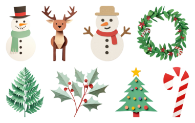 PNG Festive paper-cut holiday decorations, element set on transparent background