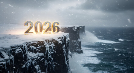Dramatic 2026 new year concept with cliff edge and stormy sea backdrop