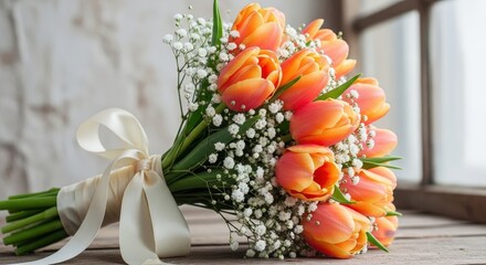 Vibrant orange tulips and white baby's breath flowers arranged in a fresh bouquet with a ribbon on a wooden surface