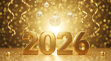 Golden 2026 new year celebration with glittering lights and festive decorations background