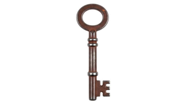 Antique skeleton key PNG isolated on transparent background, vintage ornate metal key for unlocking and security purposes