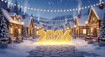 Charming winter village scene with 2026 new year s celebration and festive lights