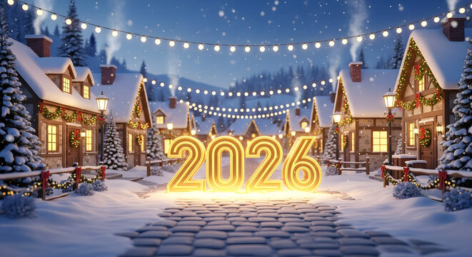 Charming winter village scene with 2026 new year s celebration and festive lights