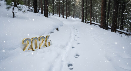 New year 2026 in snowy forest landscape with footprints and falling snowflakes