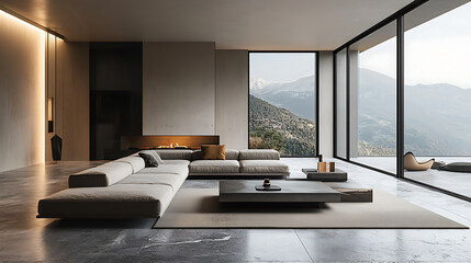 Modern minimalist luxury living room featuring low furniture aesthetic with warm modern materials and calming interior styling