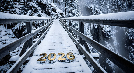 New year 2020 on snowy bridge over river in winter forest landscape
