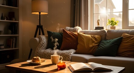 Illustration of a warm and inviting living room interior with a comfortable sofa, coffee table, steaming mug, open book, and candle, illuminated by natural sunlight