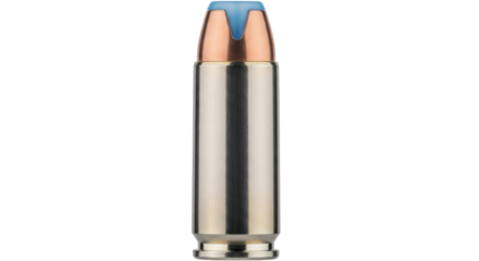 Blue tipped hollow point bullet isolated PNG, ammunition for self defense and law enforcement on transparent background