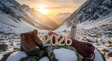 New year 2020 in the mountains hiking boots rope and thermos on snow