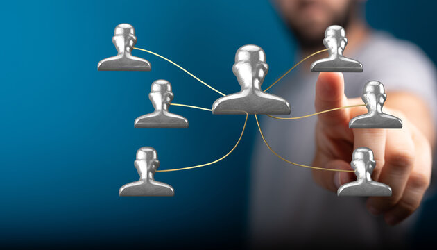 Hand pointing at a human network, business connection. Concept of teamwork, social media, communication, and leadership, digital interface for p