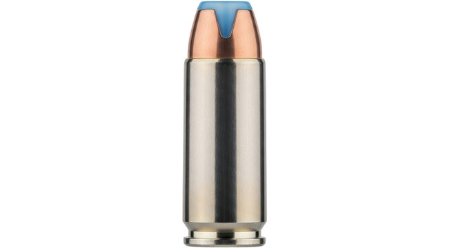 Blue tipped hollow point bullet isolated PNG, ammunition for self defense and law enforcement on transparent background