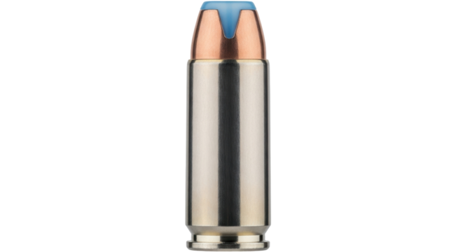 Blue tipped hollow point bullet isolated PNG, ammunition for self defense and law enforcement on transparent background