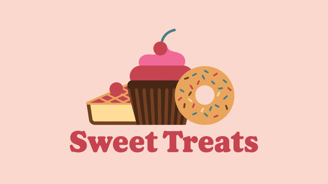 Sweet treats illustration with cupcake donut and pie flat vector design for bakery or dessert shop logo isolated on pink background