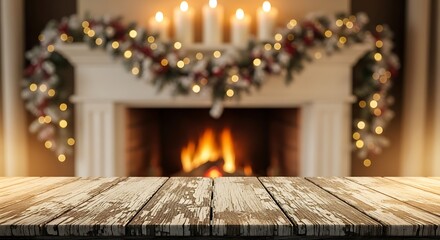 Naklejka premium Cozy fireplace with christmas garland and empty rustic table, festive mood