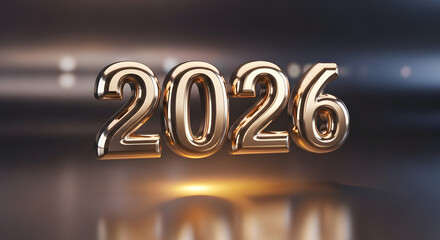 Golden year 2026 metallic number with bokeh lights and reflections for future events